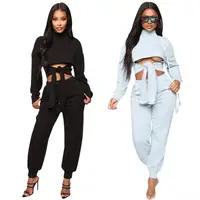 

1119M040 design fashion crop top front tie solid casual Outfits Clothing Women Two Piece Set 2020