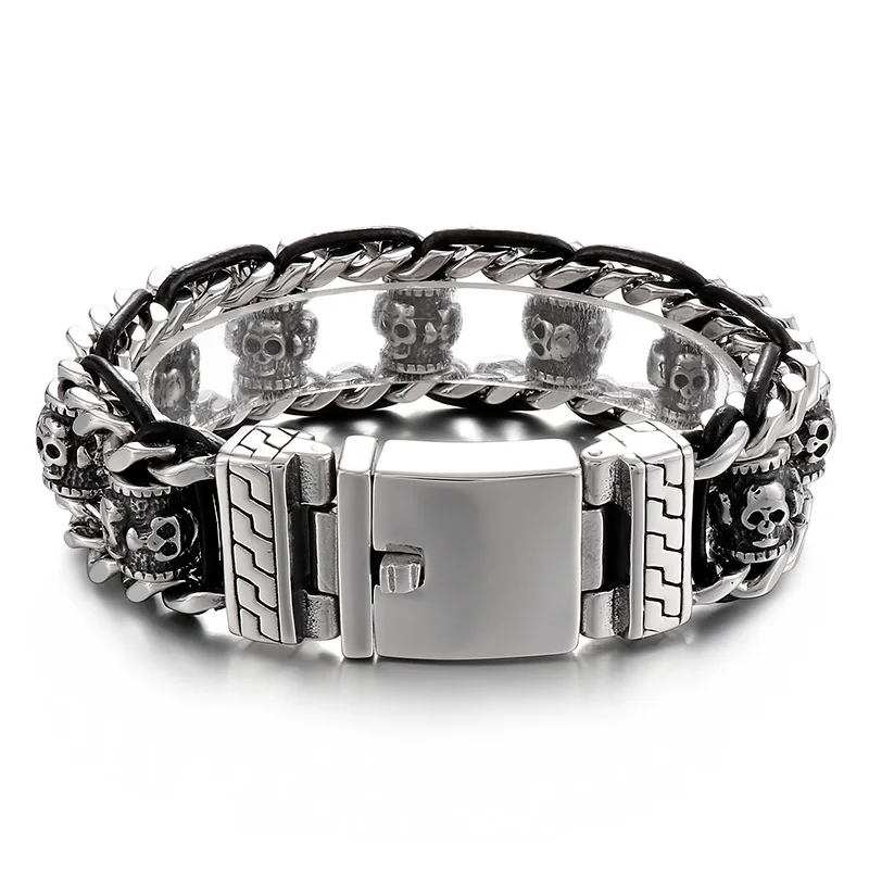 KALEN Mens Stainless Steel&Cowhide Link Bracelet With Punk Skull Pattern Charms
