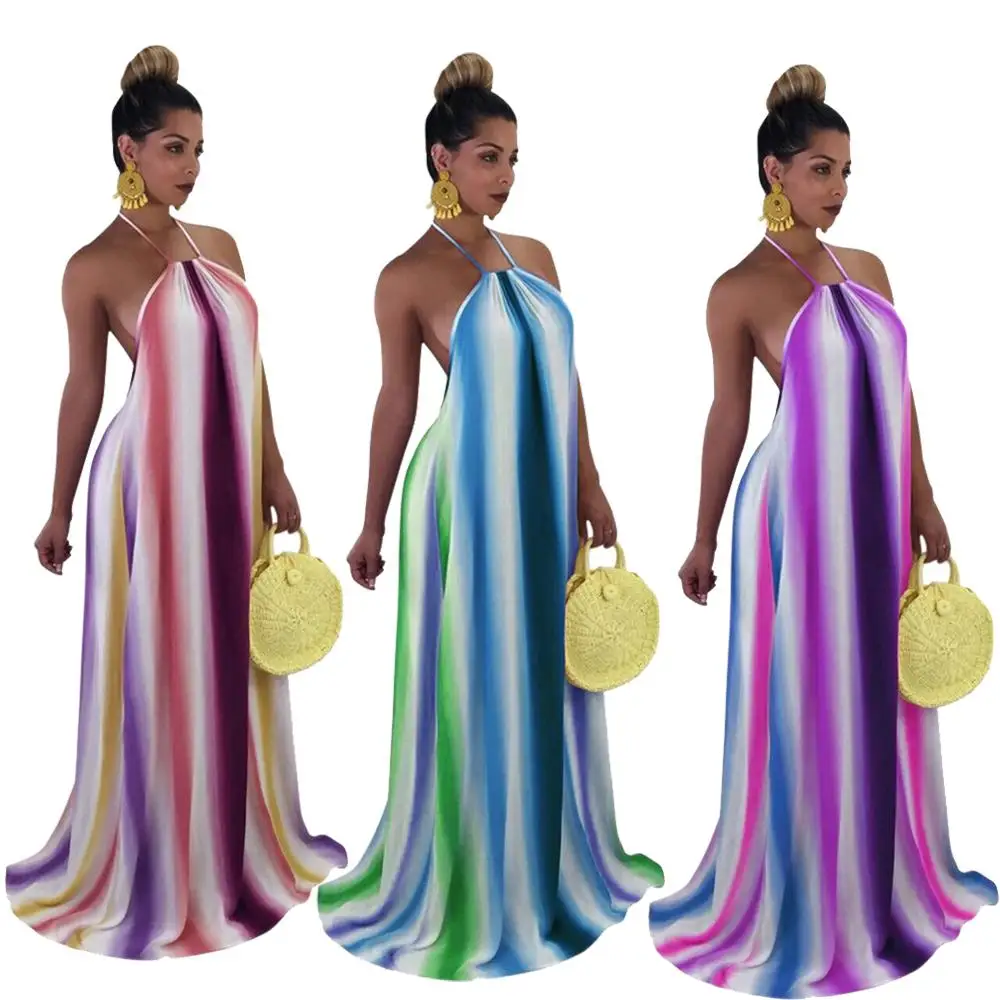 

Rainbow Candy Color Print Backless Long Beachwear Sexy Women Halter Neck Dress, As pictures showed