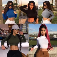 

Trends 2020 black high collar sexy ladies blouse women skinny long sleeve crop top