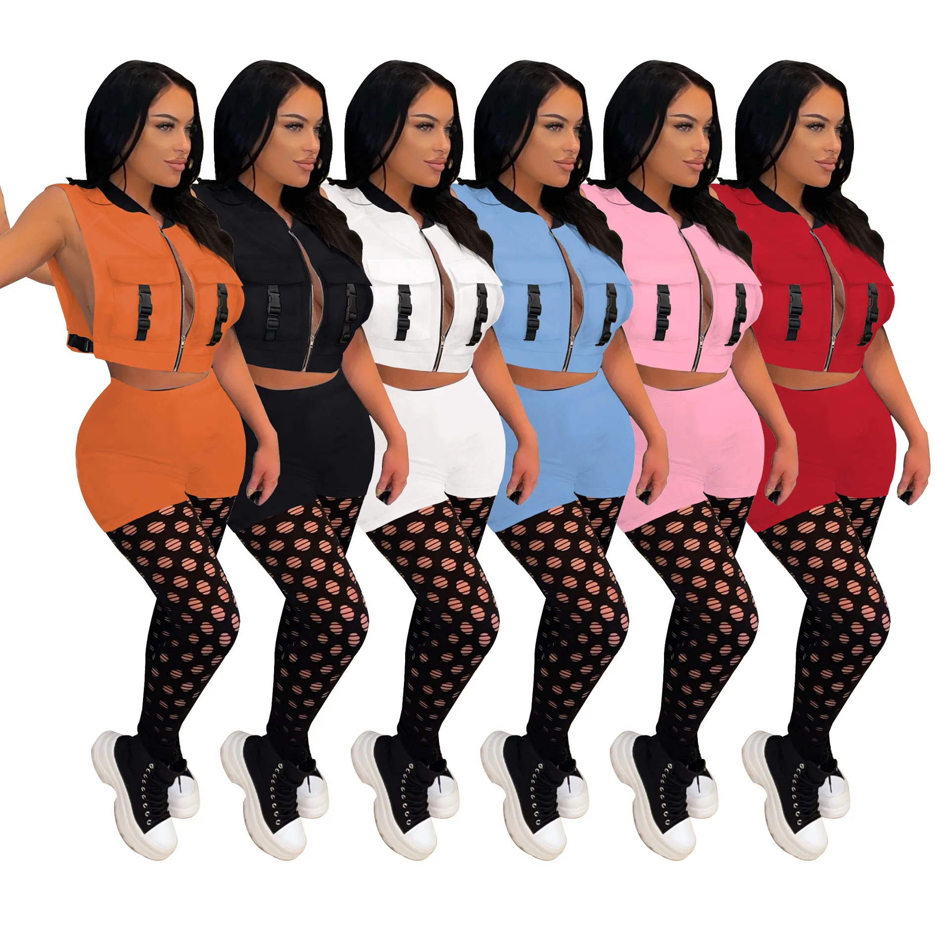 

2022 new arrival summer sexy sleeveless zip jacket double pockets two piece shorts set hollow out nightclub outfit