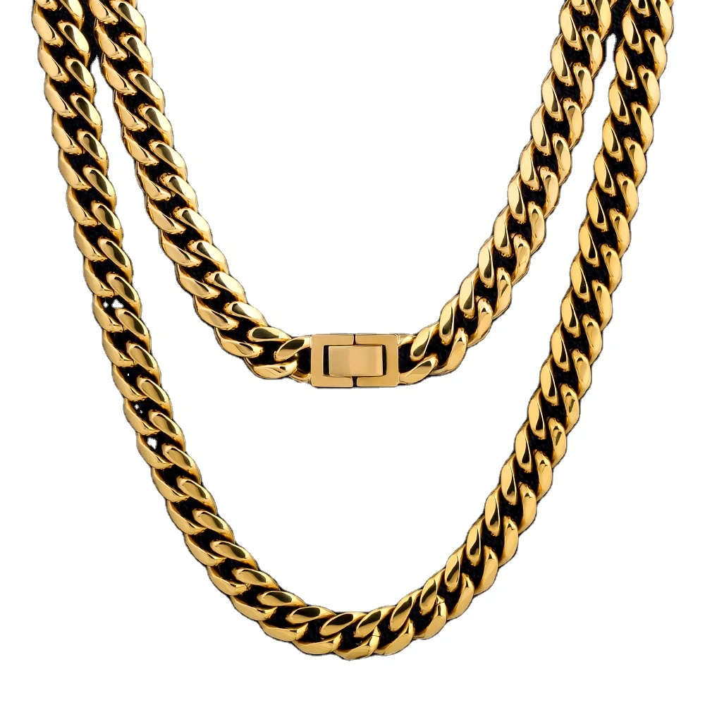 

Drop Shipping RTS Stock Low MOQ 10mm 18-26inch 18K Gold Plated Stainless Steel Miami Cuban Link Chain Necklace Wholesale