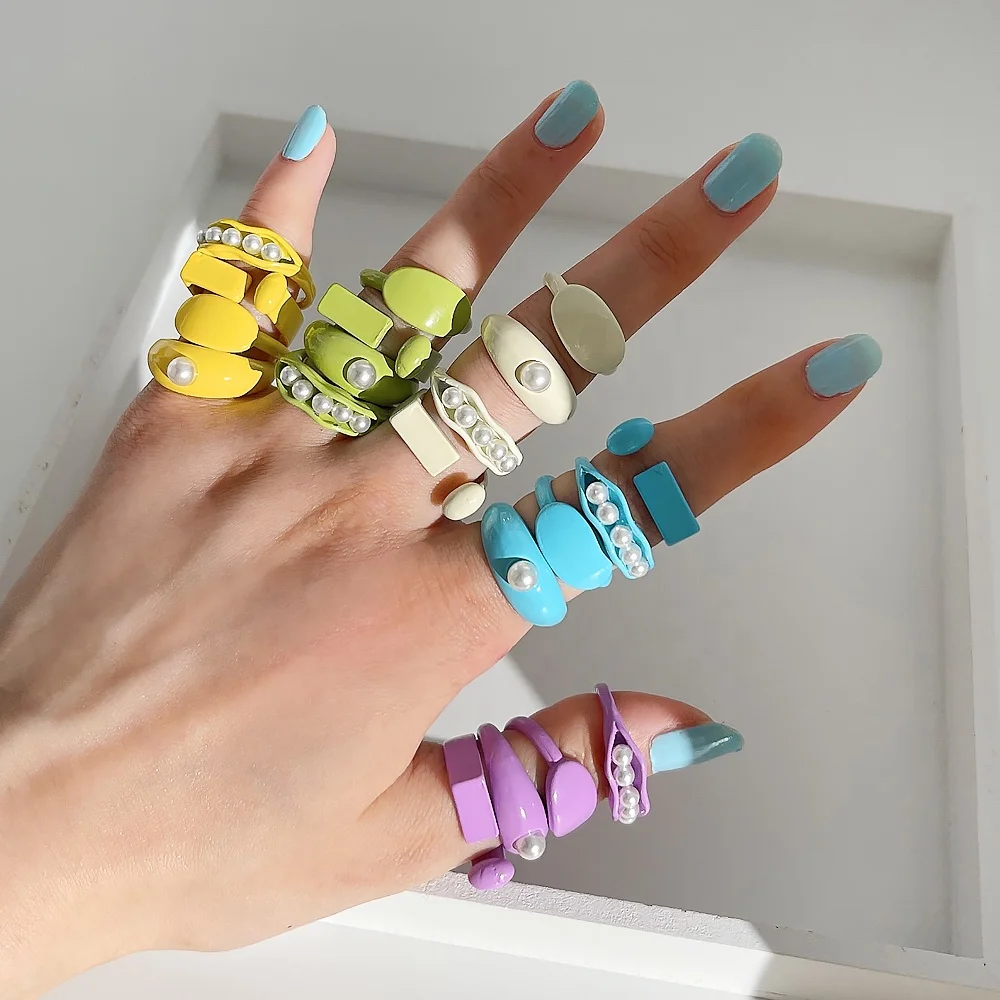 

R0120 4pcs multi color chunky rings with pearl candy color delicate painted  ring for women jewelry