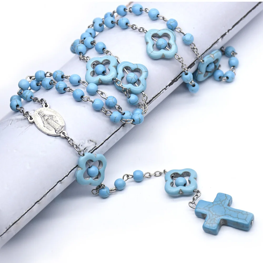 

2021 Komi Catholic Religious Blue Turquoise Cross Pendant Necklace Gift Giveaway Prayer Beads Rosary Necklace