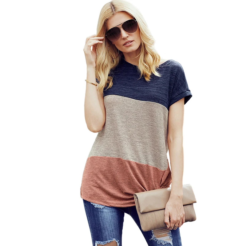 

Wholesale Fashion Design Short Sleeve Color Block Lady Blouse