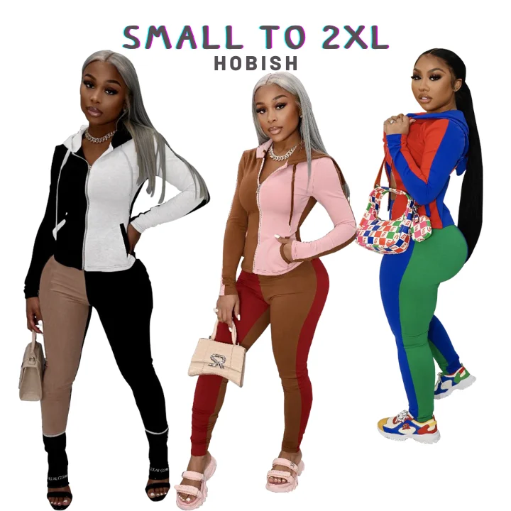 

Cute Casual Feed Color Blocking Hooded Zipper Casual Two Piece Tracksuit Women
