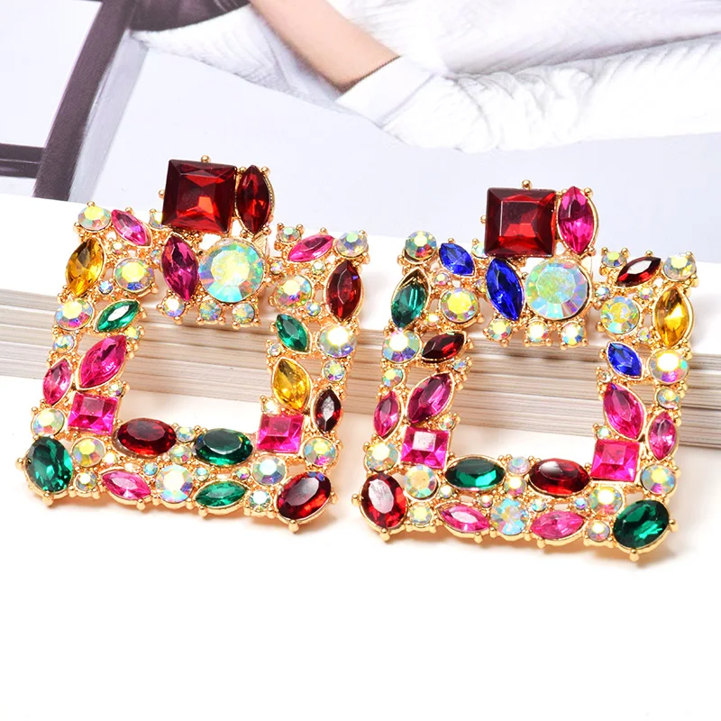 

Kaimei New Colorful Crystals Square Metal Dangle Drop Earring High-Quality Fashion Rhinestone Square Crystal Statement For Women, Many colors fyi