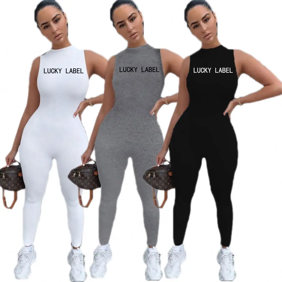 

A8340 summer 2021 women's solid color embroidery sleeveless yoga jumpsuit, 3colors