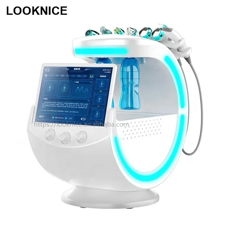 

2021 Multifunction Smart Ice Blue Ultrasonic RF Aqua Skin Scrubber Dermabrasion Hydras Facial Machine with skin analysis system, White+blue
