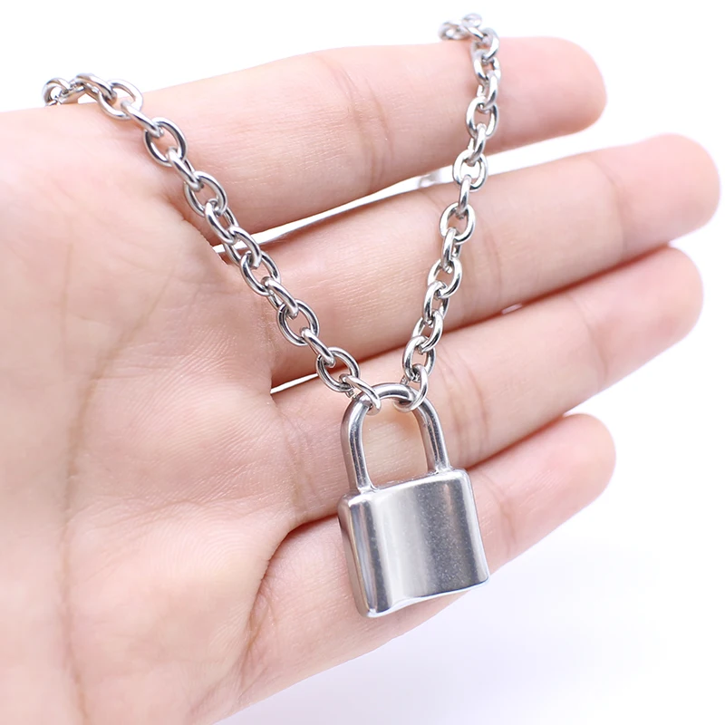 

Stainless Steel Silver Color PadLock Pendant link Chain lock Necklaces collar ras du cou collier femme for women men