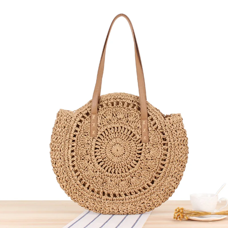 

Wholesale Natural Extra Large Tote Straw Bag HandWoven Summer Round Beach Bali Hollow Paper Straw Bag, White, brown