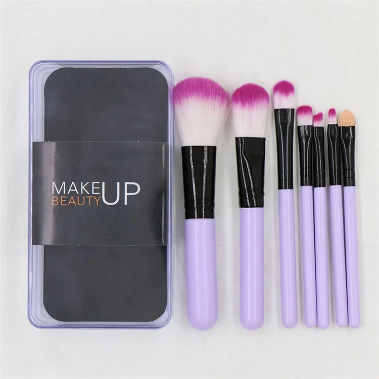 

7 Pcs Cheap Blush Eyebrow Candy Pink Makeup Brush Kabuki Powder Brush with Plastic Box Holder, As pics