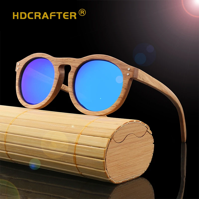 

HDCRAFTER 2020 new retro round bamboo and wood glasses coated wooden legs sunglasses for men and women polarized rivet glasses