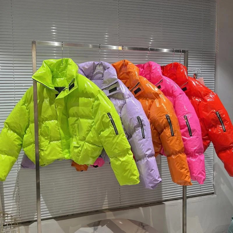 

OUDINA Zipper Sleeve Bright Patent Leather Stand Up Collar Padded Winter Jacket clothes Women's Cotton Coat, Green/black/blue/pink