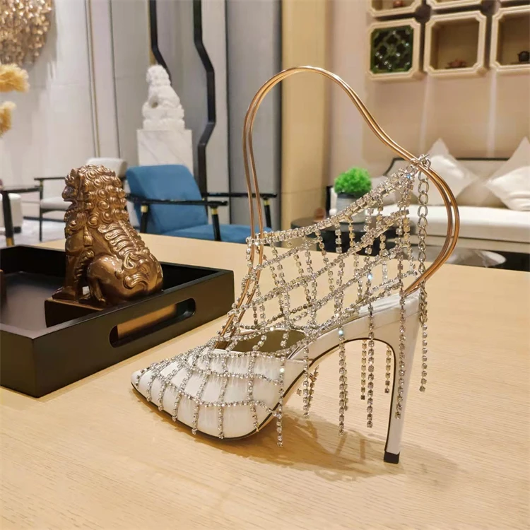 

2022 Hollowed Out Luxury Rhinestone Sandals New Tassel Crystal Pointed High Heels Women's Pumps