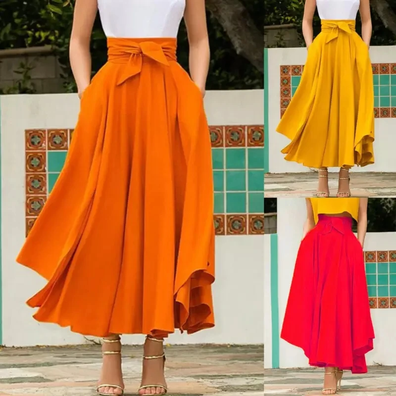 

Women Vintage High Waist Maxi Pleated Skirt Long Fashion Females Full Length Solid Color Skirts Hot Sell