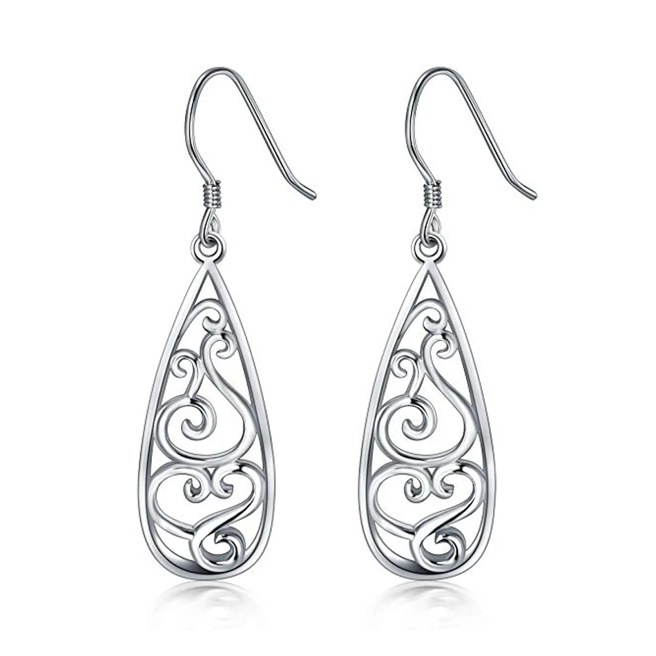 

925 Sterling Silver Hollowed-out Earrings Filigree Teardrop Earrings Woman Fashion Jewelry