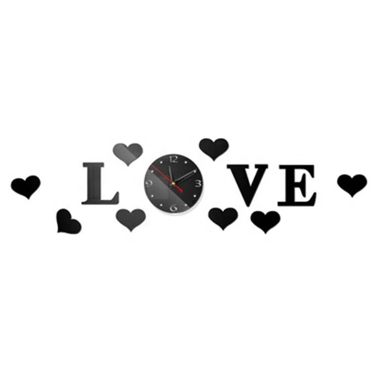 

DIY Creative 3D Acrylic Wall Clock Love Shape Mirror Home Wall Sticker Watch Interior Decoration, Black, red, silver, light gold, dark gold