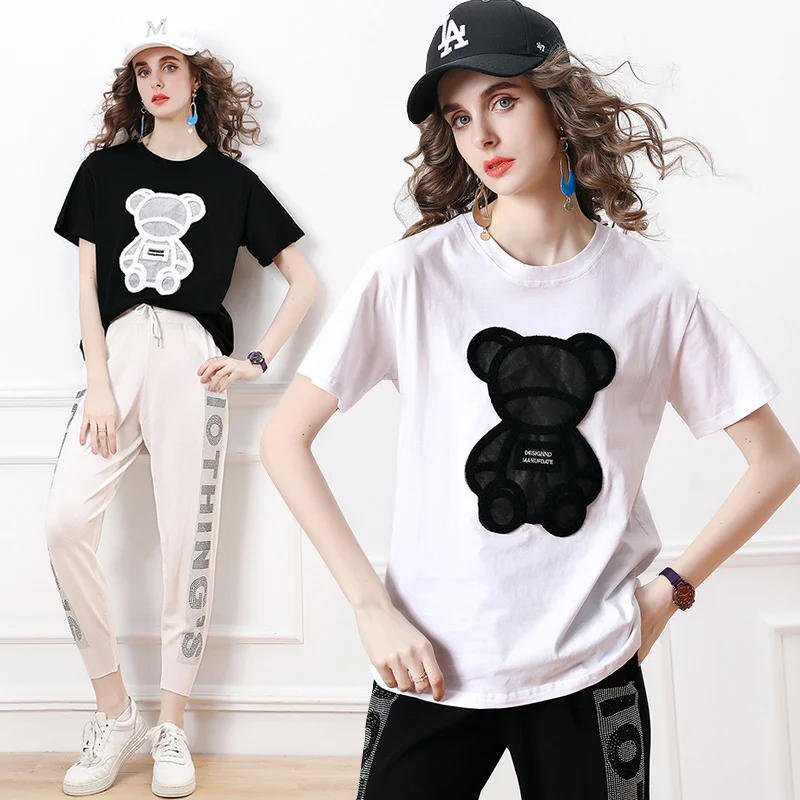 

In stock sales 2021 new woman clothes wholesale fashion apparel elegant bear T-shirt pure cotton breathable short sleeve top, Black