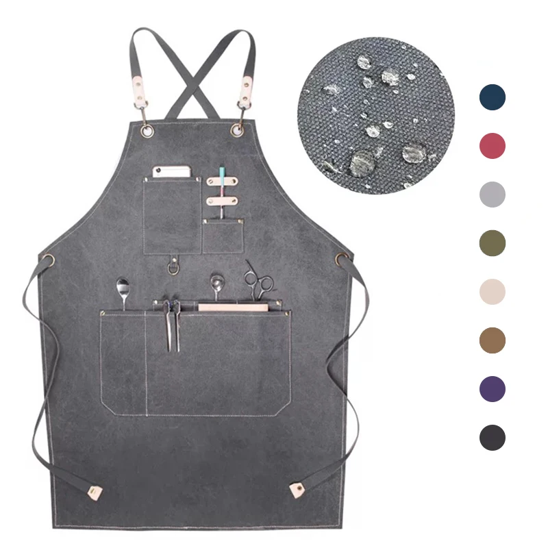 

custom waterproof canvas bar work apron with leather straps