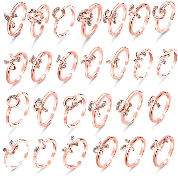 

women's luxury wish 26 letter open adjustable jewelry stone rose gold plated silver girls finger gemstone rings for mon, Silver gold