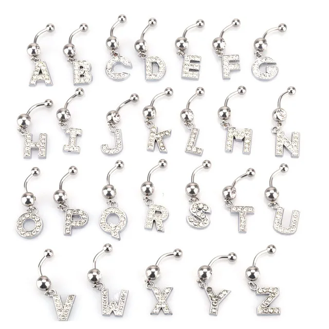 

2020 trendy stainless steel bling alphabet Belly button ring 26 letters initial navel rings