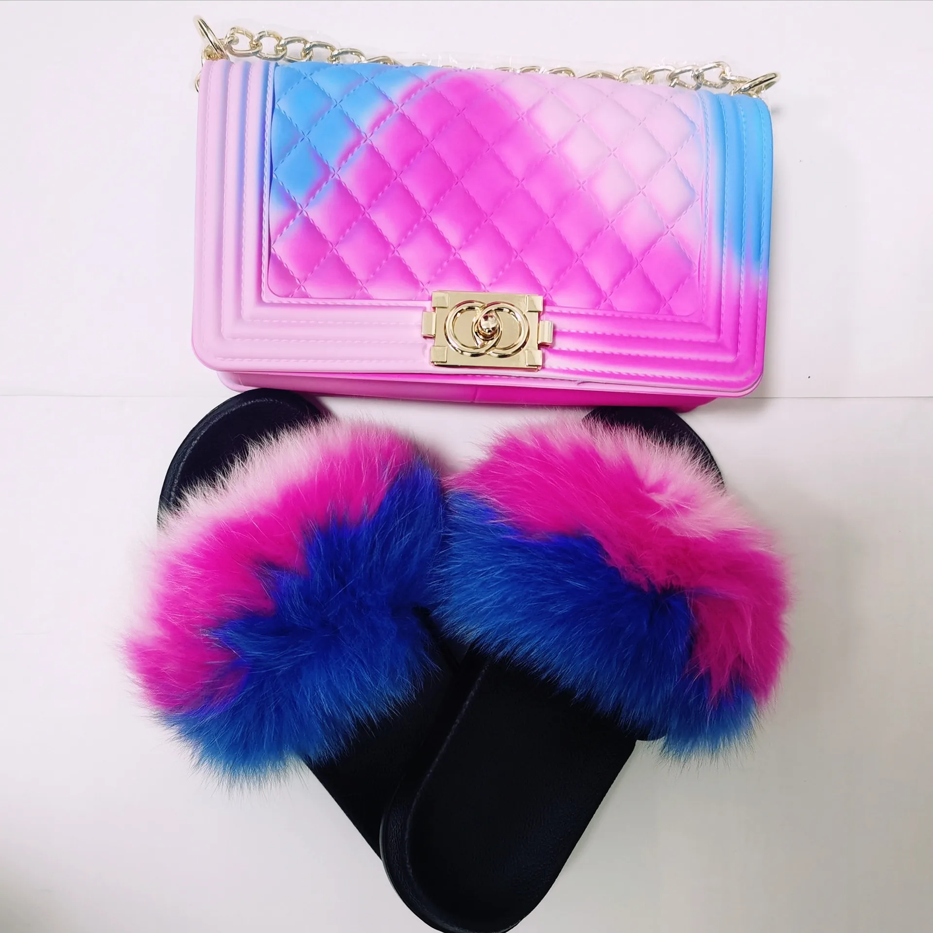

Hot selling rainbow Jelly bags women's shoulder cross body bags with fur slipper for ladies sandals shoes
