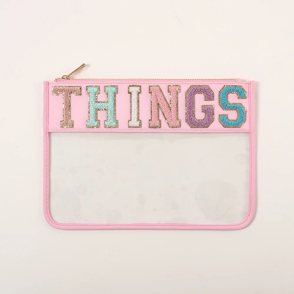 

Stock Baby Pink DIY Patch Letters THINGS Embroidery Personal Waterproof PVC Travel Beach Best Gift Toiletry Clear Plastic Bags