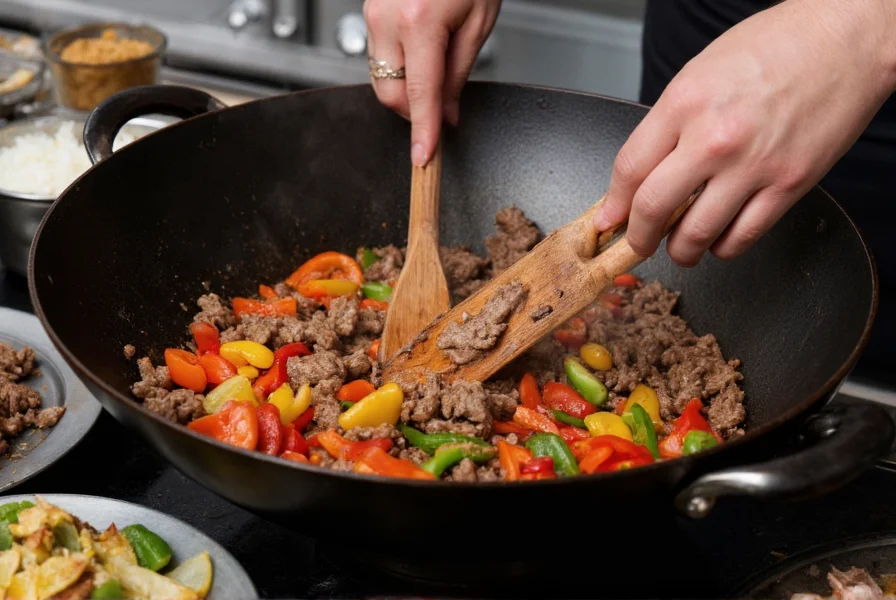 Professional chef stir-frying beef and peppers in a wok with perfect sear marks on ingredients