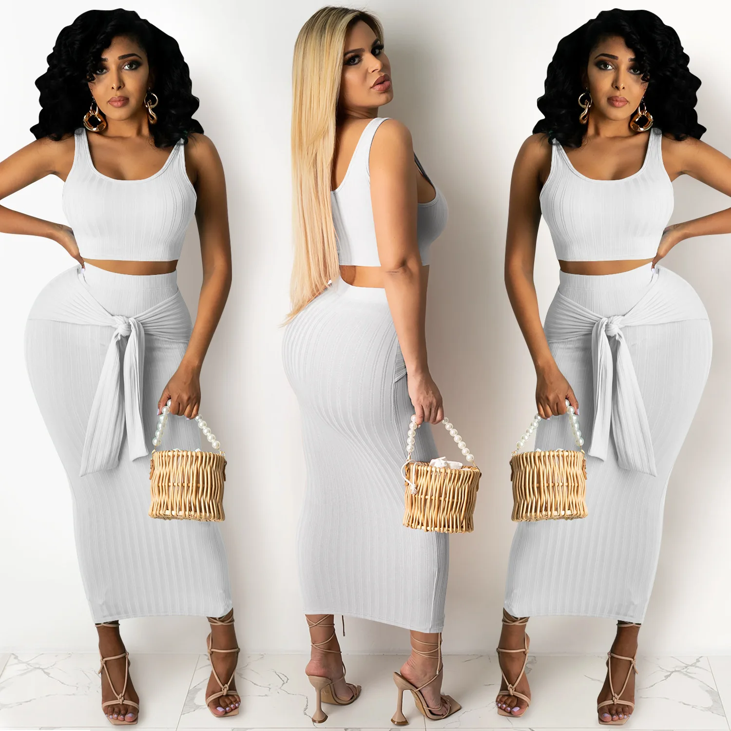 

Fashion new casual vest solid color body-hugging skirt two piece dress