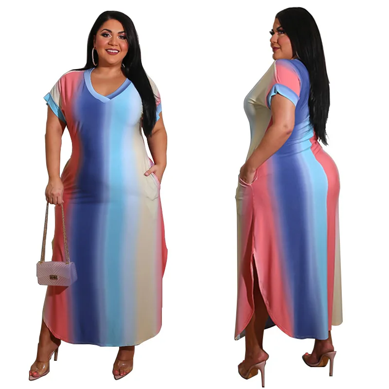 

Summer new fat women's long skirt gradient V-neck dress comfortable short sleeve large size beach skirt casual dress