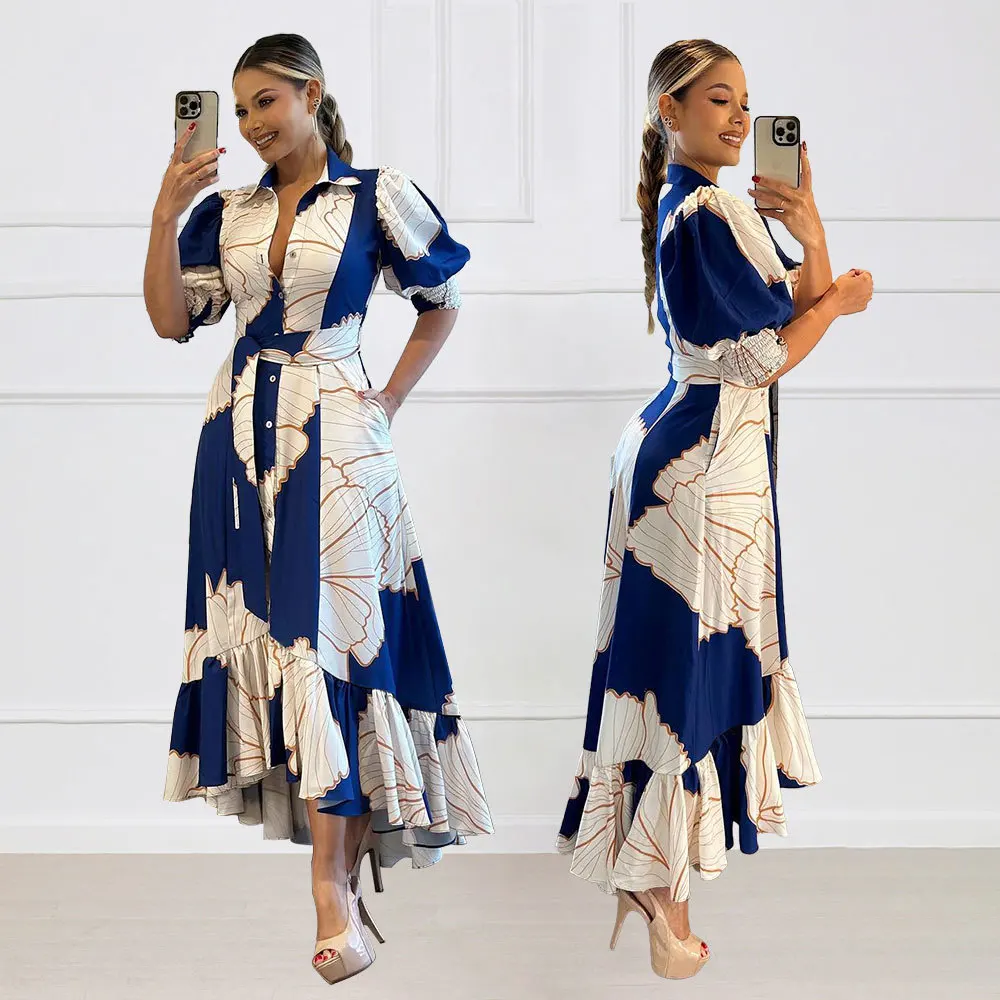Elegant Button Up Casual Maxi Dress Lantern Sleeves