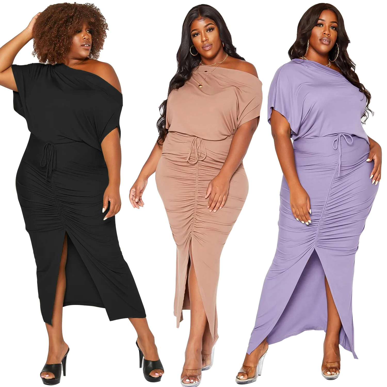 

YD - Wholesale price plus size ladies solid color one shoulder pleated drawstring slit skirt women two piece dress set
