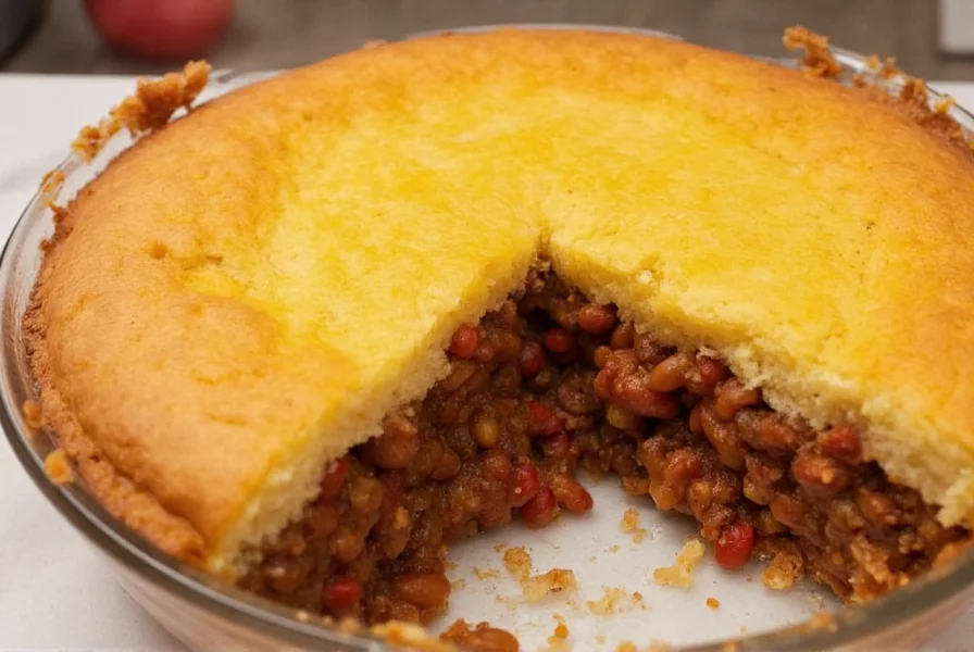 Finished chili pie with golden cornbread topping sliced to show layers of chili and crust