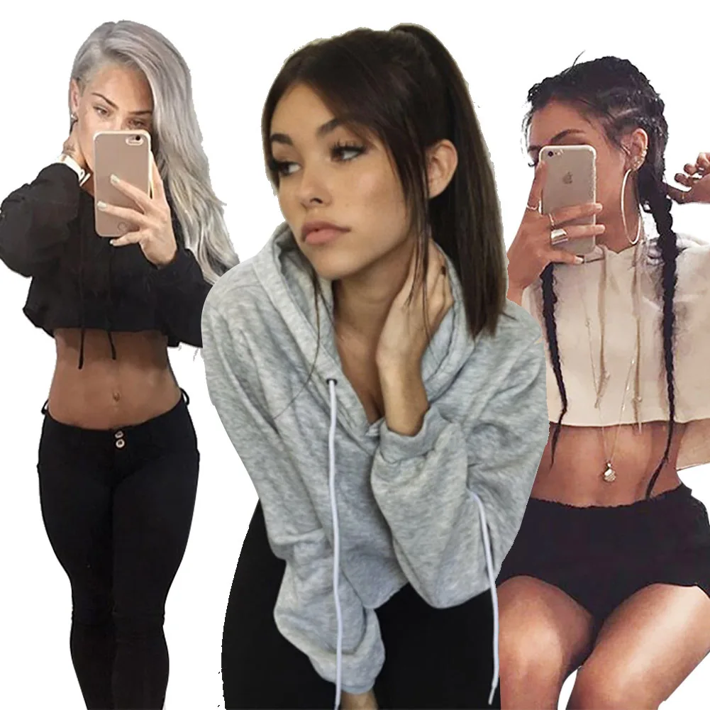 

Custom Pullover Sport Cotton Long Sleeve Crop Top Hoodie Womens Cropped Hoodies, Many colors
