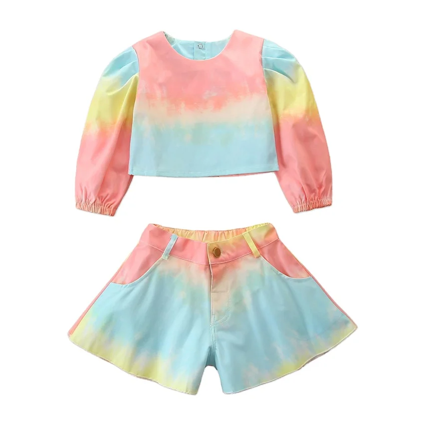 

2020 cross border autumn chic girls tie dye denim 2 piece long sleeve top wide leg shorts clothes for kids of wholesale, As pic shows, we can according to your request also