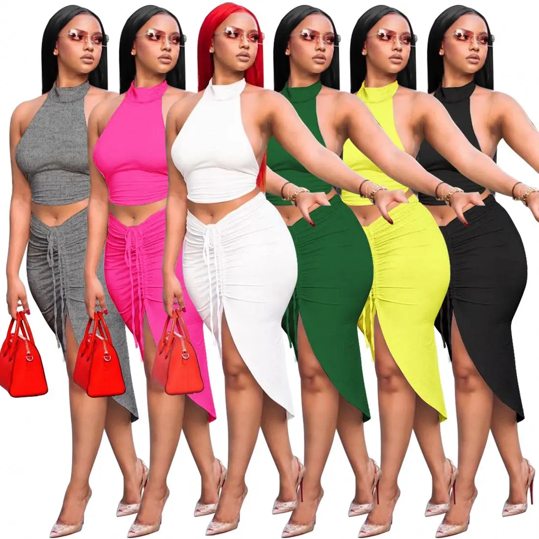 

New Arrival Summer Crop Top Women Dress Bodycon Solid Sexy Elegant Drawstring Party Two Piece Set Midi Dress