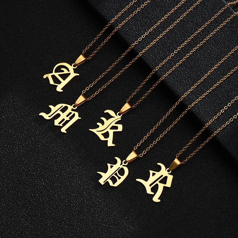 

Gold plated stainless steel chain necklace letter old english initials necklace