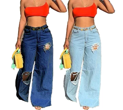 

B2187 fall 2021 women clothes Hole Loose flared pants women's jeans plus size pants, Light blue,dark blue