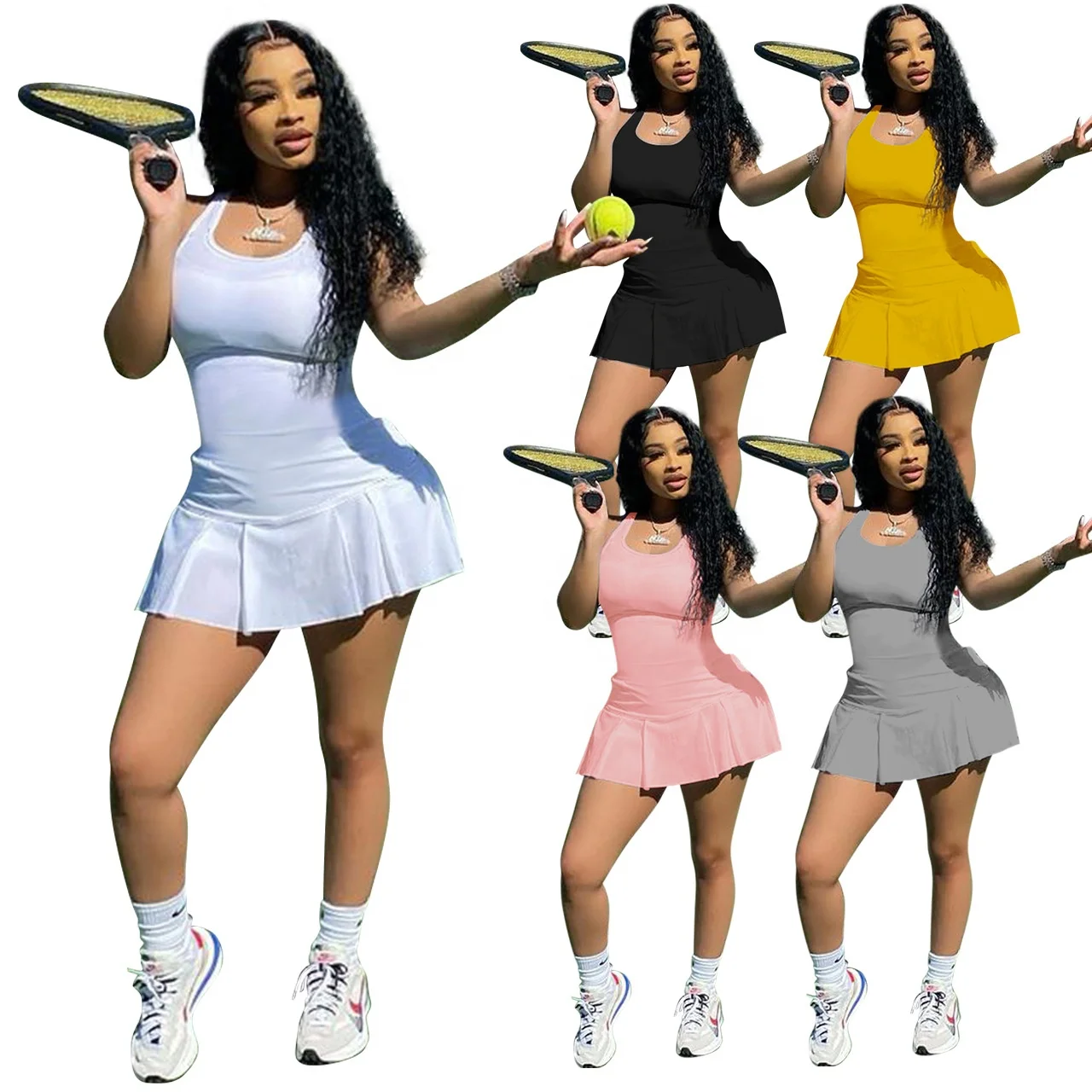 

YD Factory trendy lady sleeveless dropped waist sporty pleated clothing club wear dresses summer women solid tennis mini dress