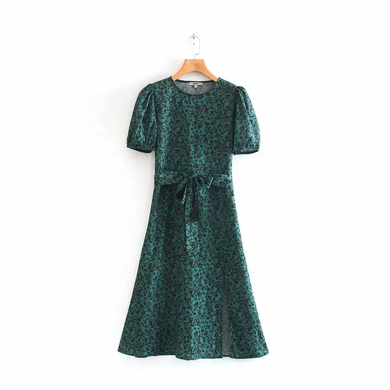 
2019 autumn winter splits high quality poly crepe floral printed high street wear short sleeve long dress women 