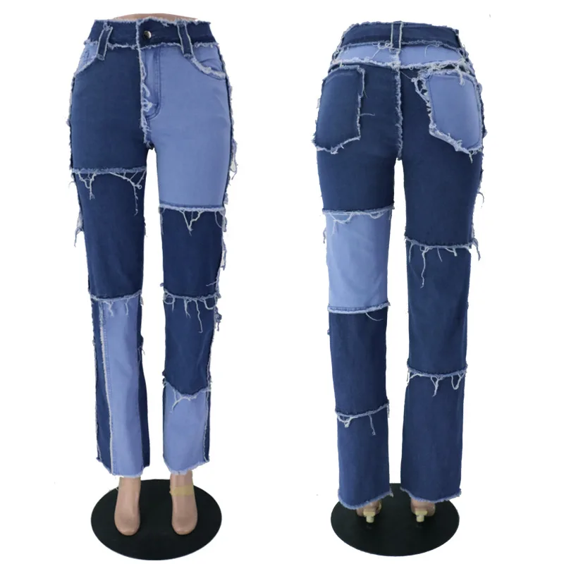 

GK210512 XS~XXL high waist women fashion patchwork jeans pants ladies tassel slim straight denim jeans trousers