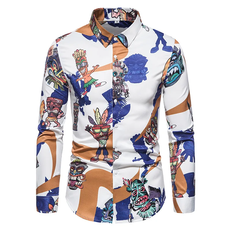 

Men British Style Print Vintage Dress Shirts High Quality Casual Street wear Men Clothing Slim Long Sleeve Baroque Blouse Shirt