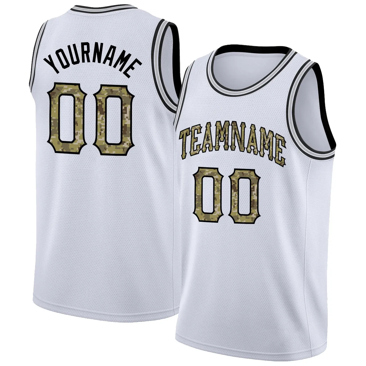 

Custom Any Name Any Number Any Logo Custom White Camo-Black Round Neck Rib-Knit STITCHED Embroidery Basketball Jersey Men Kids