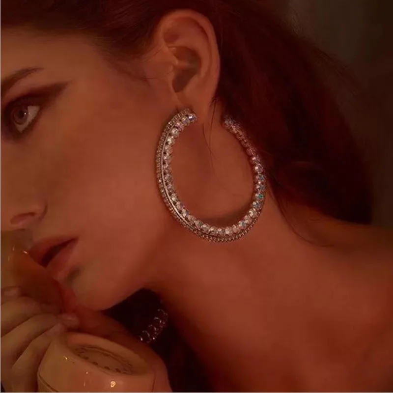 

2020 New Style Big ring Gold Plated Crystal Diamond Hoop Earrings pendientes grandes