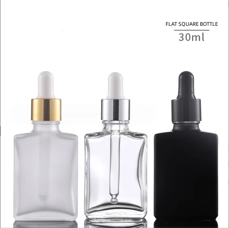 

Spot 15ml transparent frosted flat square bottle 30ml matte black flat square essential oil bottle 50ml 100ml dropper flask