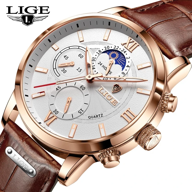 

LIGE Watch 8932 Fashion Leather Waterproof Luminous Watches Wrist Top Luxury Mens Quartz Wristwatch Men Relogio Masculino, 5-colors