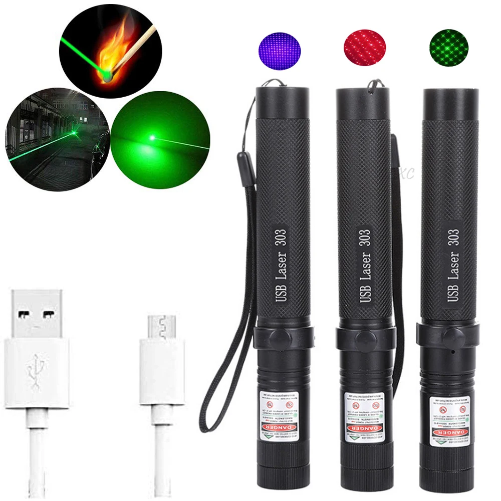 

Laser Pointer Usb Green Red Dot 10000m powerful that burn Adjustable Focus 303 Pen Combination for Hunting