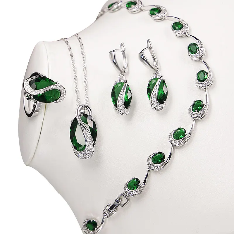 

Green Emerald Silver Jewelry Sets For Women Sapphire Topaz Garnet Bracelet Necklace Earrings Ring Pendant 5 Colors