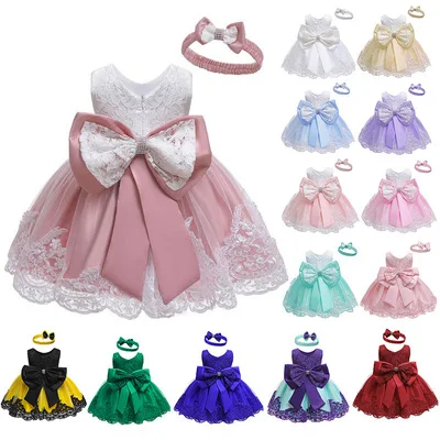 

Amazon hot sale one year baby party dress baby girl princess dress kids newborn fancy church dress with hairband, 16 colors